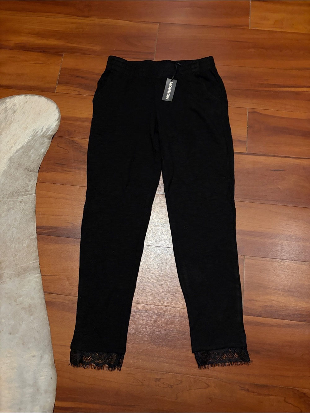 Monrow Black Knit Lace-Trim Ankle Pants Leggings Sz S NWT